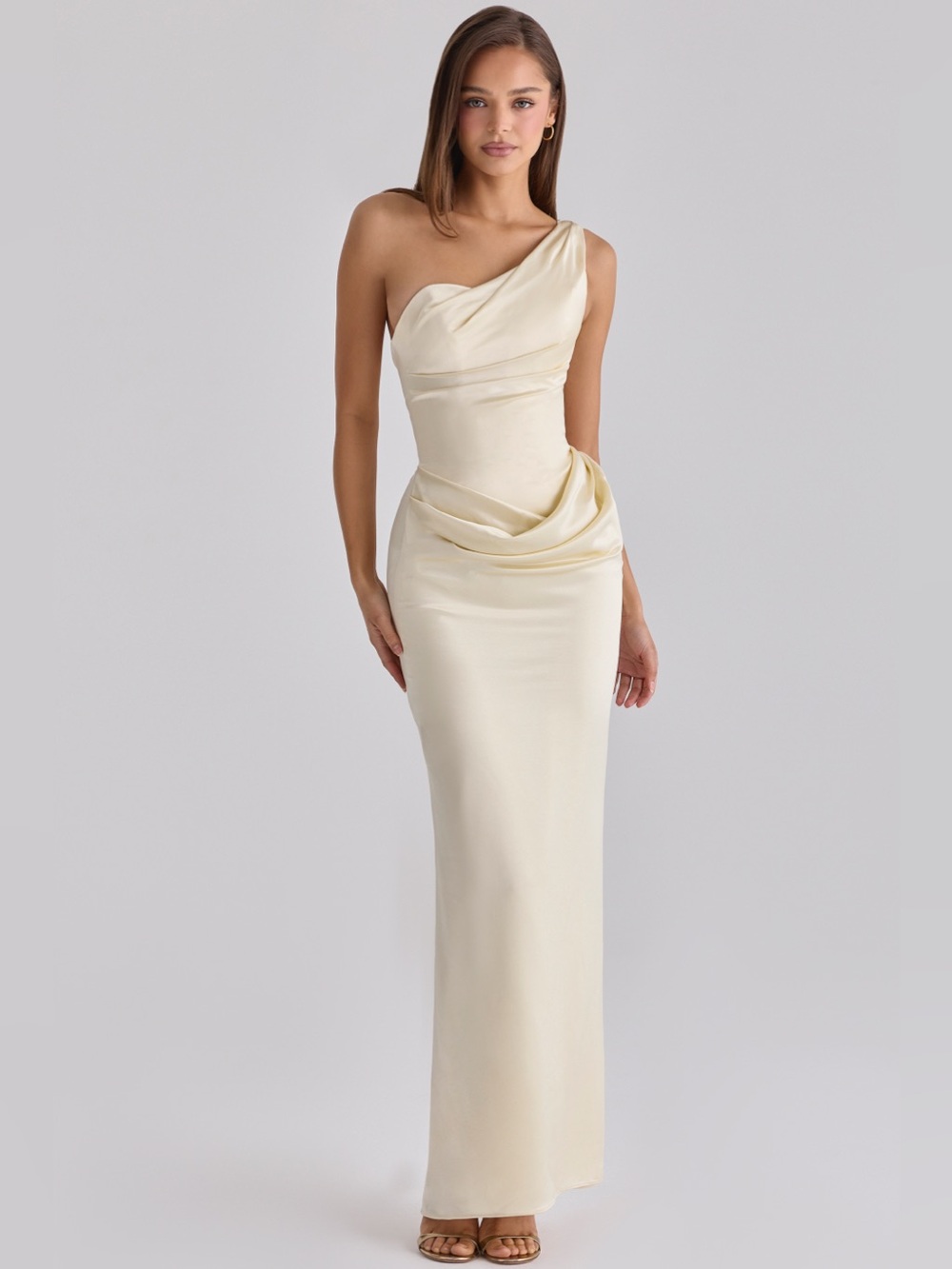 House of CB Lemon One Shoulder Satin Maxi Dress